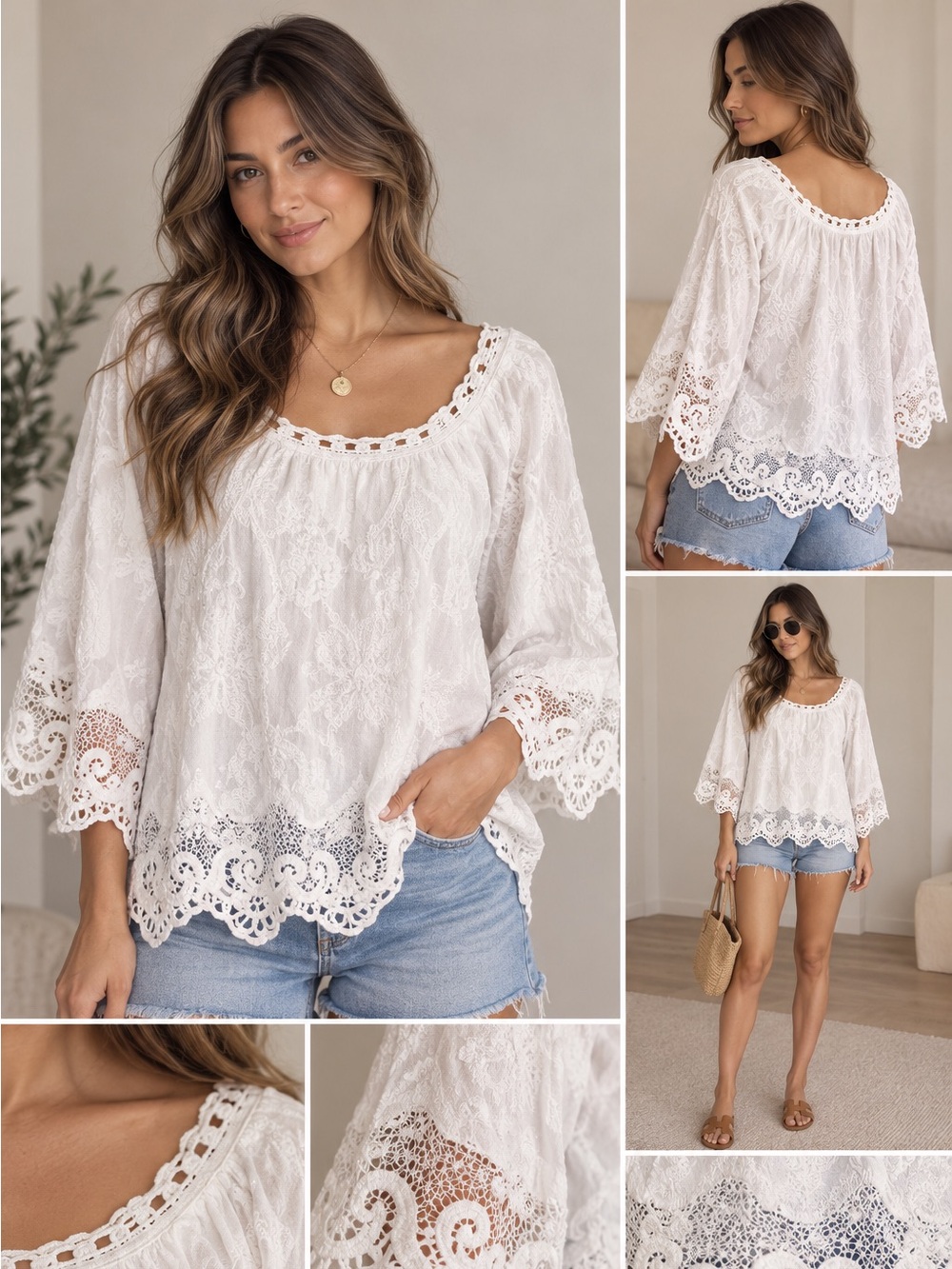 Democracy White Embroidered Boho Crochet Lace Blouse – Size L